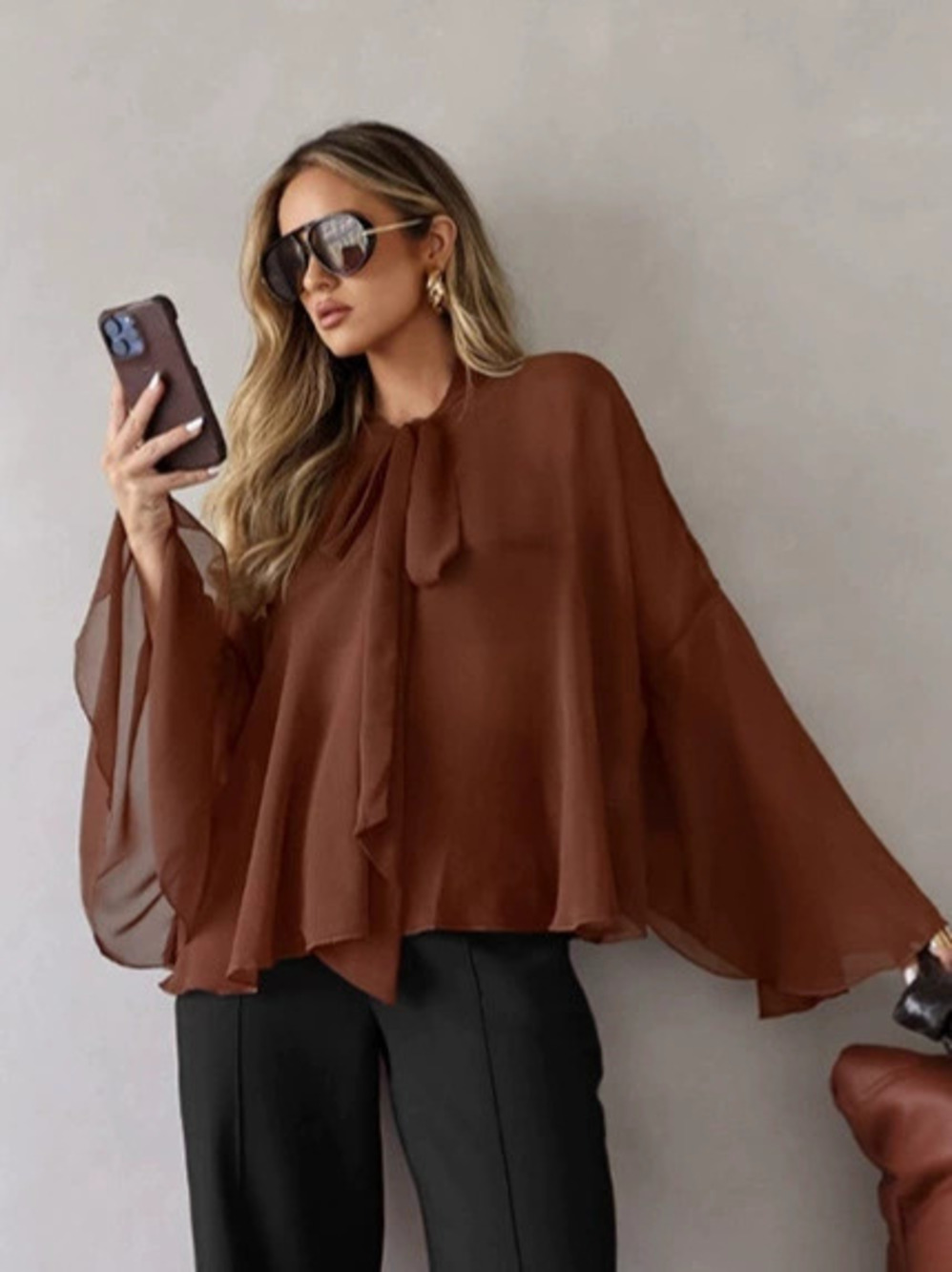 Forever 21 Lightweight Chiffon Batwing Sleeve Blouse Ruffle Tie Long Sleeve